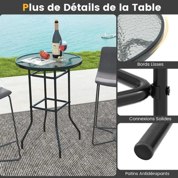 Table de Bar de Jardin en Verre Trempé H 97cm Patins Antidérapants Cadre en Métal Enduit de Poudre Intérieur Extérieur Noir
