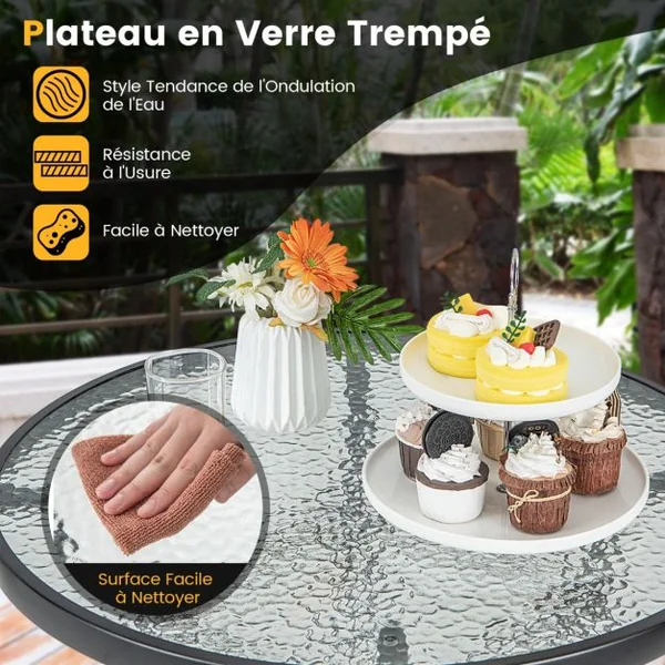 Table de Bar de Jardin en Verre Trempé H 97cm Patins Antidérapants Cadre en Métal Enduit de Poudre Intérieur Extérieur Noir