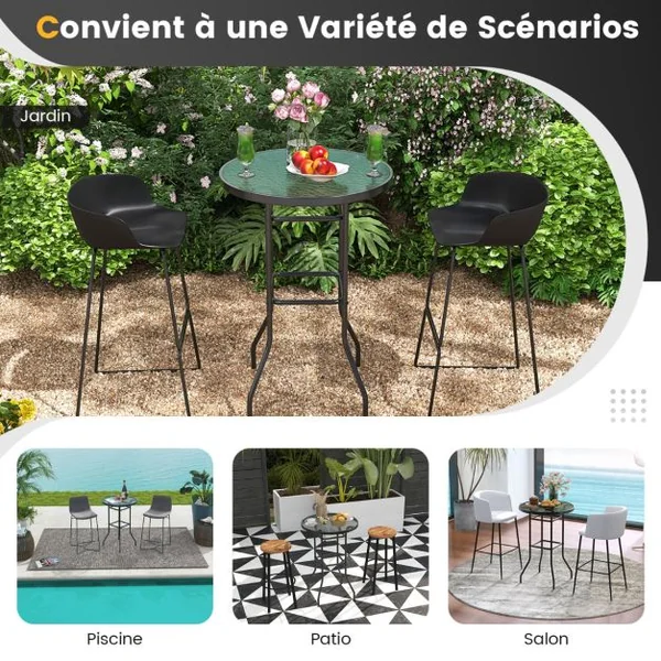 Table de Bar de Jardin en Verre Trempé H 97cm Patins Antidérapants Cadre en Métal Enduit de Poudre Intérieur Extérieur Noir