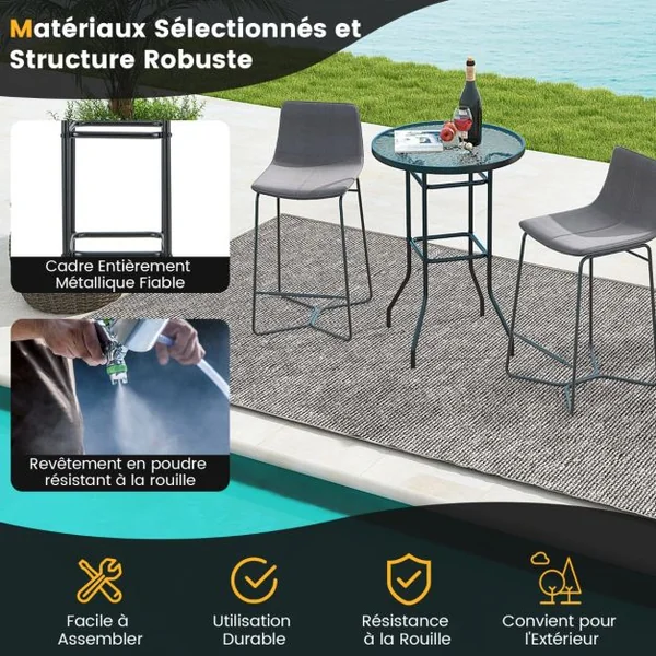 Table de Bar de Jardin en Verre Trempé H 97cm Patins Antidérapants Cadre en Métal Enduit de Poudre Intérieur Extérieur Noir