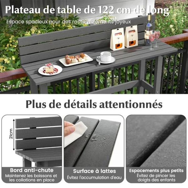 Table de Bar D'extérieur Table de 122 Cm avec Étagère de Rangement et Repose-pieds Réglables Table de Comptoir Toutes Saisons Table Étroite Gris
