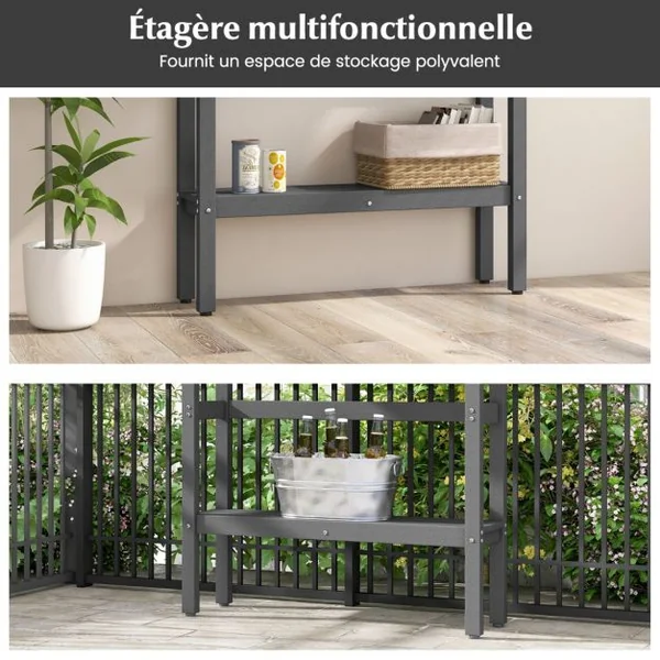 Table de Bar D'extérieur Table de 122 Cm avec Étagère de Rangement et Repose-pieds Réglables Table de Comptoir Toutes Saisons Table Étroite Gris