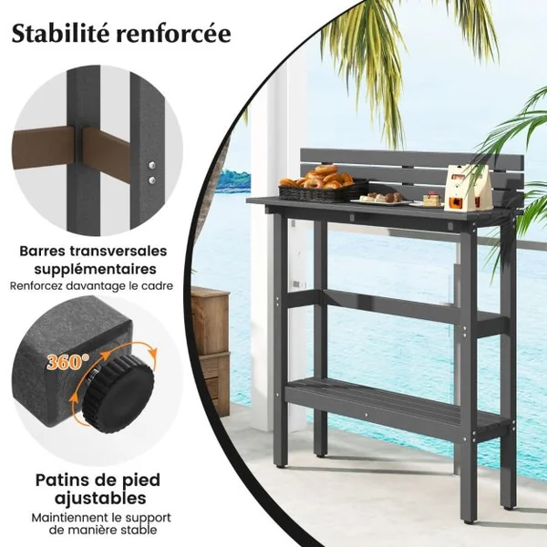 Table de Bar D'extérieur Table de 122 Cm avec Étagère de Rangement et Repose-pieds Réglables Table de Comptoir Toutes Saisons Table Étroite Gris
