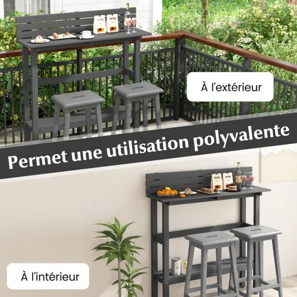 Table de Bar D'extérieur Table de 122 Cm avec Étagère de Rangement et Repose-pieds Réglables Table de Comptoir Toutes Saisons Table Étroite Gris