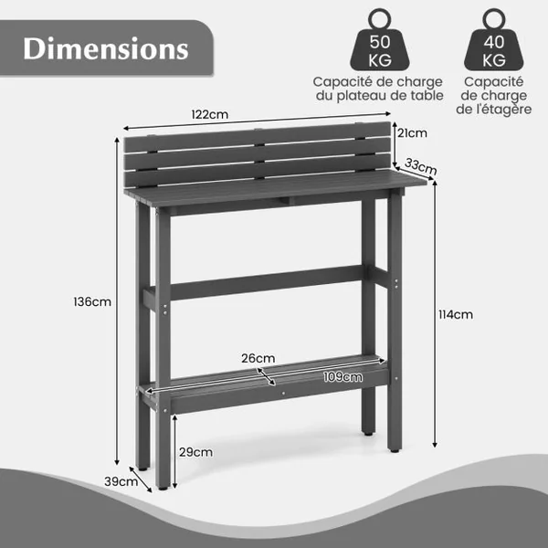 Table de Bar D'extérieur Table de 122 Cm avec Étagère de Rangement et Repose-pieds Réglables Table de Comptoir Toutes Saisons Table Étroite Gris