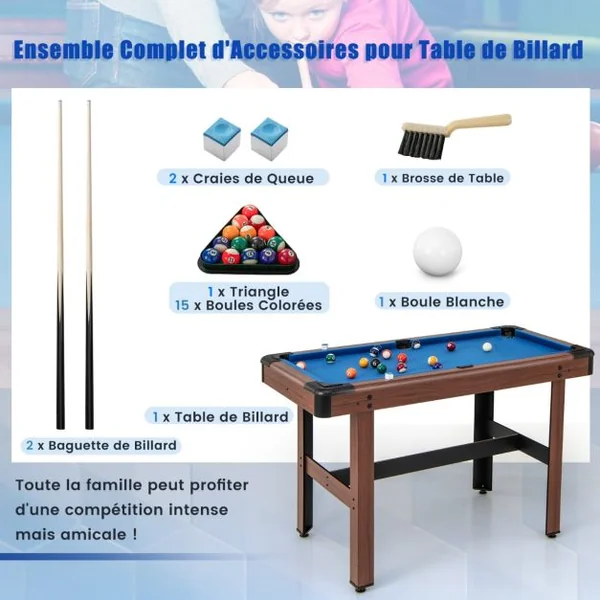 Table de Billard de 122 cm en Bois avec Jeu Complet de Boules 2 Queues de Billard 2 Craies Triangle Brosse Table Compacte Bleu/Vert