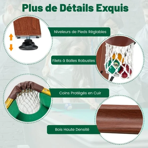 Table de Billard Pliable avec Accessoires(2 Queues 16 Boules Triangle 2 Craies Brosse) Jeu de Billard avec Pieds Réglables 138x67x79,5 CM