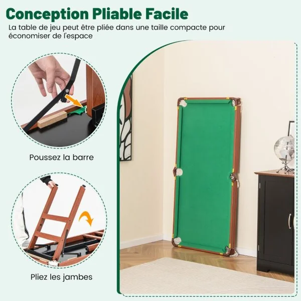 Table de Billard Pliable avec Accessoires(2 Queues 16 Boules Triangle 2 Craies Brosse) Jeu de Billard avec Pieds Réglables 138x67x79,5 CM
