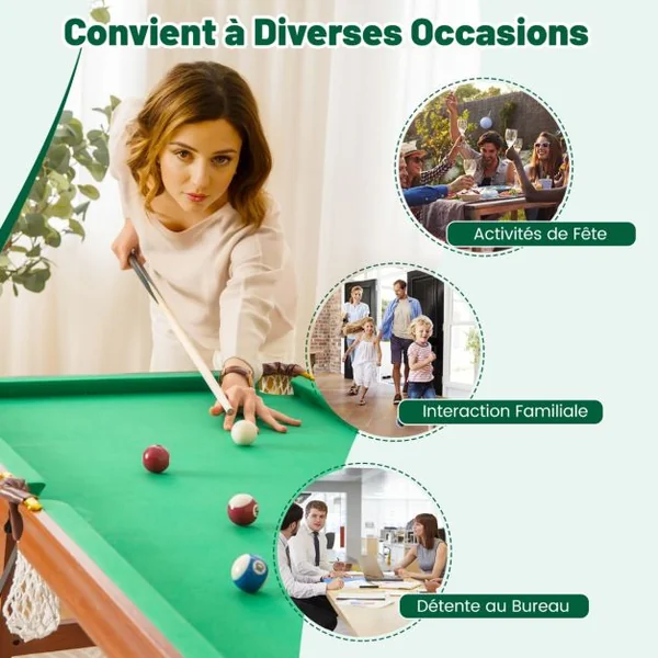 Table de Billard Pliable avec Accessoires(2 Queues 16 Boules Triangle 2 Craies Brosse) Jeu de Billard avec Pieds Réglables 138x67x79,5 CM