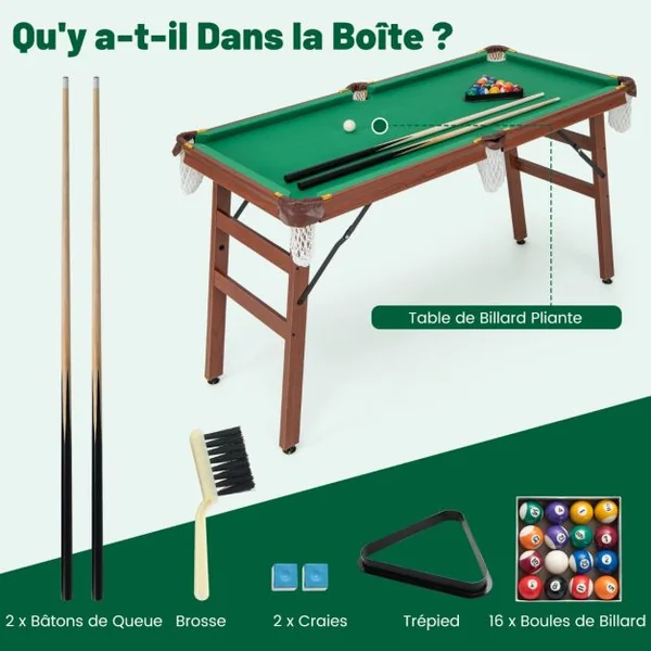 Table de Billard Pliable avec Accessoires(2 Queues 16 Boules Triangle 2 Craies Brosse) Jeu de Billard avec Pieds Réglables 138x67x79,5 CM