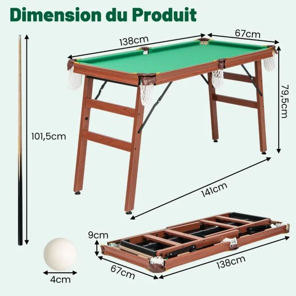 Table de Billard Pliable avec Accessoires(2 Queues 16 Boules Triangle 2 Craies Brosse) Jeu de Billard avec Pieds Réglables 138x67x79,5 CM