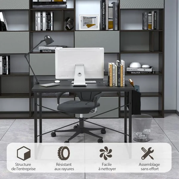 Table de Bureau de Travail avec Porte-documents Latéral 102x51x76CM Style Industriel Noir