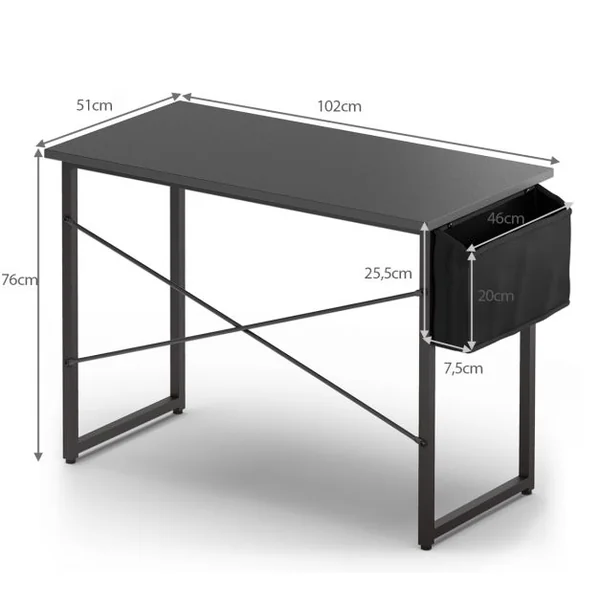 Table de Bureau de Travail avec Porte-documents Latéral 102x51x76CM Style Industriel Noir