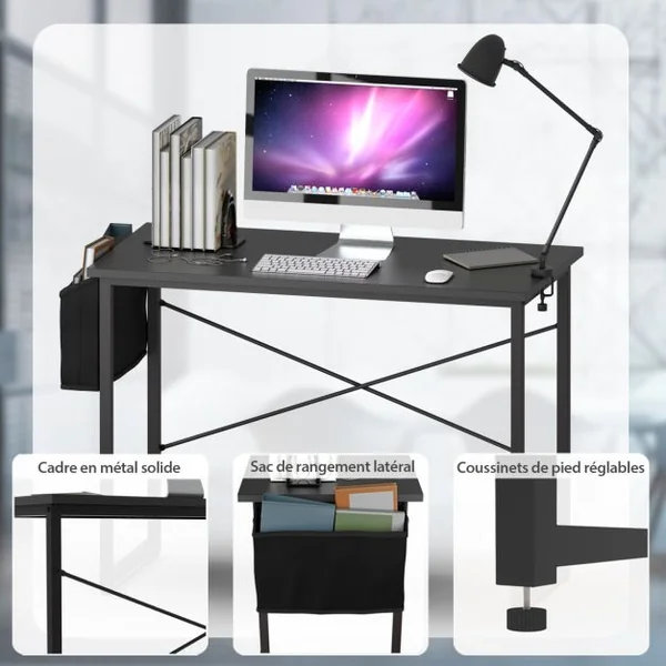 Table de Bureau de Travail avec Porte-documents Latéral 102x51x76CM Style Industriel Noir