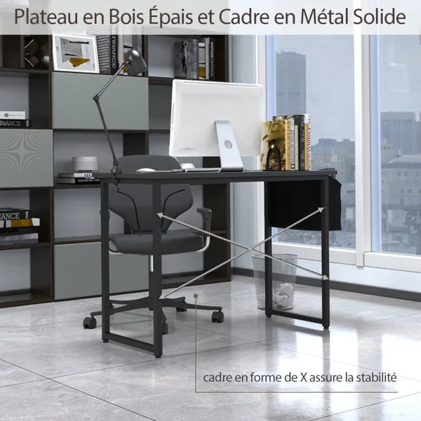 Table de Bureau de Travail avec Porte-documents Latéral 102x51x76CM Style Industriel Noir