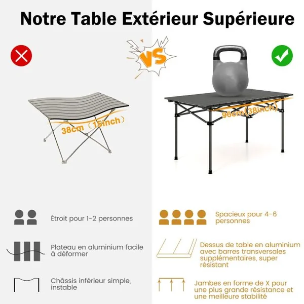 Table de Camping Pique-Nique Pliante en Aluminium 95x55x50 CM Table de Jardin Pliable 4 à 6 places avec Sac de Transport Noir