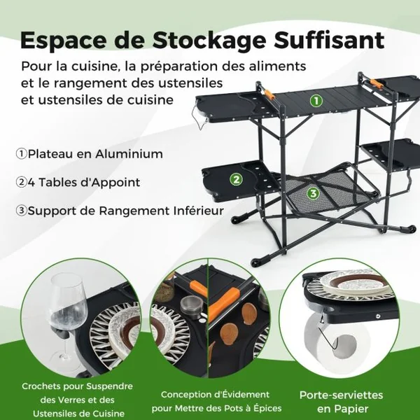 Table de Camping Pliable avec 4 Tablettes d'Appoint Table de Pique-nique Portable Plateau en Aluminium avec Sac de Transport 135x54x88CM