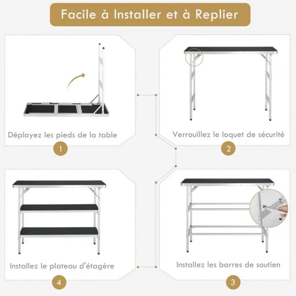 Table de camping pliante 110 x 38 x 88 cm en Aluminium Tissu Oxford 3 Étagères-Sac de Transport pour Pique-Nique Jardin Café/Noir