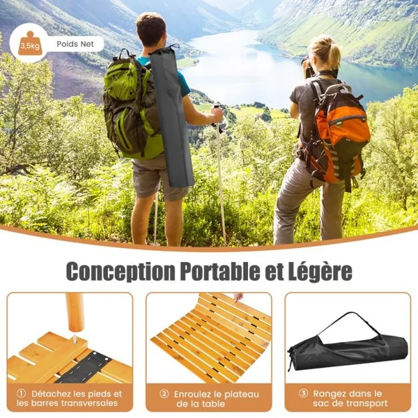 Table de Camping Pliante avec Sac de Transport pour Pique-nique Plage Barbecue Camping Pêche Naturel/Gris