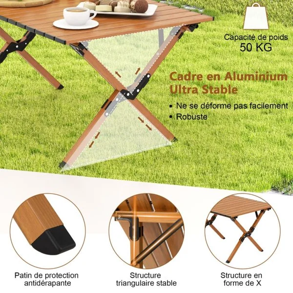 Table de Camping Pliante en Aluminium à Latte Enroulable 89x59x45 CM Table de Pique-Nique Portable avec Sac de Transport