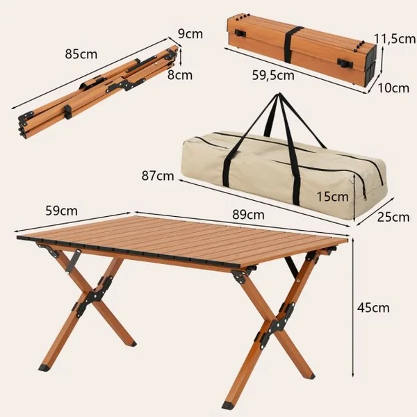 Table de Camping Pliante en Aluminium à Latte Enroulable 89x59x45 CM Table de Pique-Nique Portable avec Sac de Transport