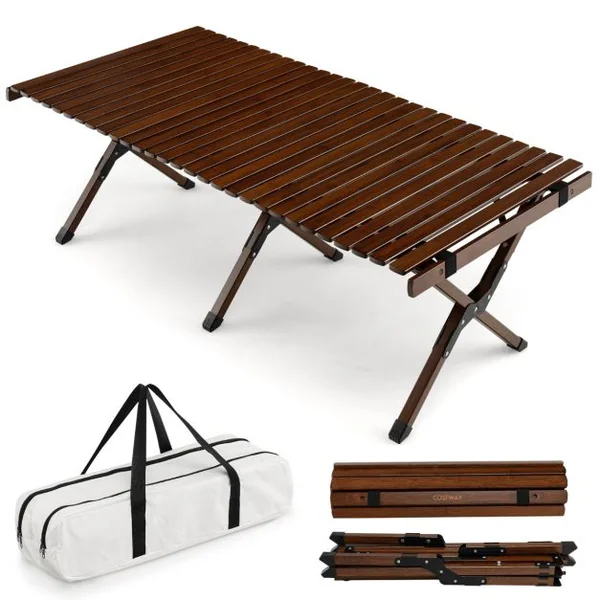 Table de Camping Pliante en Bambou à Latte Enroulable avec Sac de Transport Charge Max 50kg 122 x 60 x 43,5 cm Café/Naturel