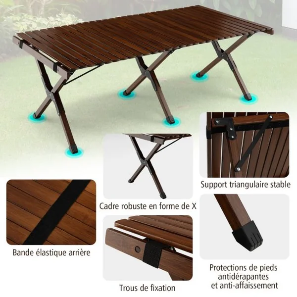 Table de Camping Pliante en Bambou à Latte Enroulable avec Sac de Transport Charge Max 50kg 122 x 60 x 43,5 cm Café/Naturel
