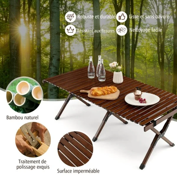 Table de Camping Pliante en Bambou à Latte Enroulable avec Sac de Transport Charge Max 50kg 122 x 60 x 43,5 cm Café/Naturel