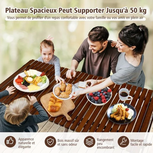Table de Camping Pliante en Bambou à Latte Enroulable avec Sac de Transport Charge Max 50kg 122 x 60 x 43,5 cm Café/Naturel