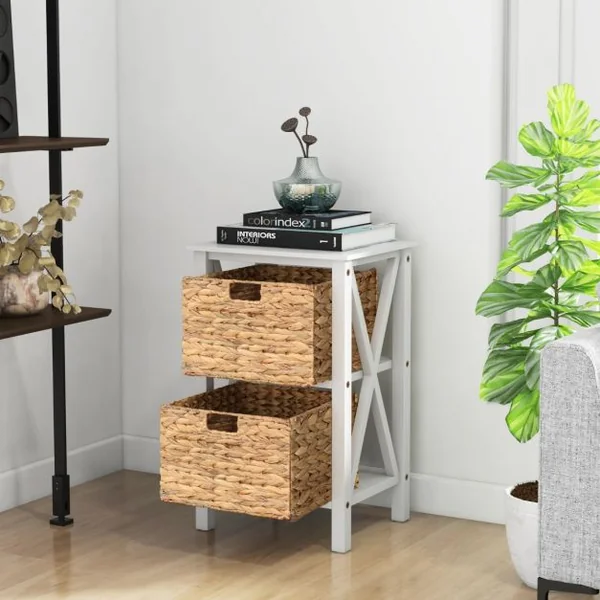 Table de Chevet 3 Niveaux avec 2 Paniers en Herbe Marine Table d'Appoint Au Design X Table d'Appoint avec Pieds en Bois d'Acacia Blanc