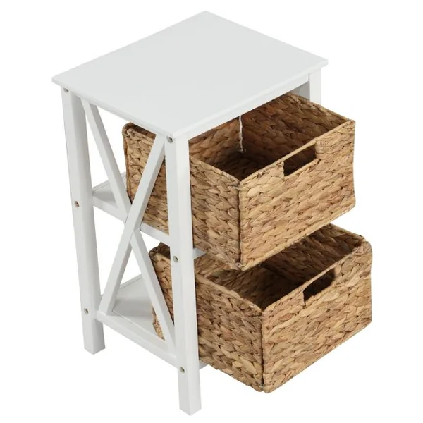Table de Chevet 3 Niveaux avec 2 Paniers en Herbe Marine Table d'Appoint Au Design X Table d'Appoint avec Pieds en Bois d'Acacia Blanc
