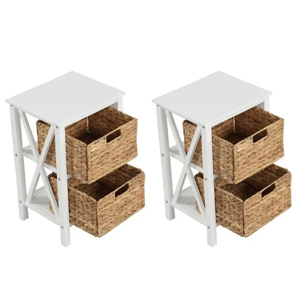 Table de Chevet 3 Niveaux avec 2 Paniers en Herbe Marine Table d'Appoint Au Design X Table d'Appoint avec Pieds en Bois d'Acacia Blanc