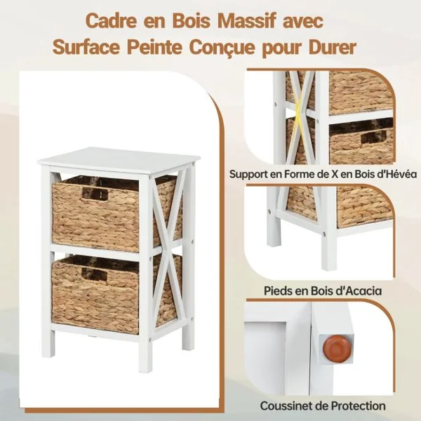 Table de Chevet 3 Niveaux avec 2 Paniers en Herbe Marine Table d'Appoint Au Design X Table d'Appoint avec Pieds en Bois d'Acacia Blanc