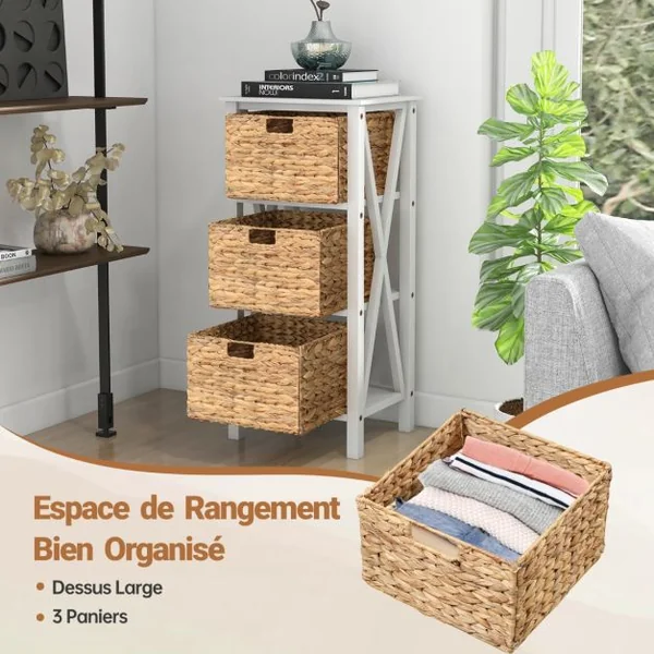 Table de Chevet 3 Niveaux avec 2 Paniers en Herbe Marine Table d'Appoint Au Design X Table d'Appoint avec Pieds en Bois d'Acacia Blanc