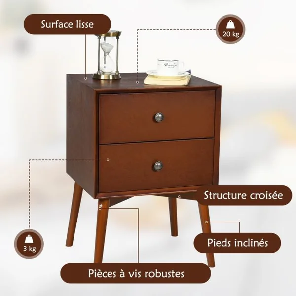 Table de Chevet avec 2 Tiroirs 45 x 37 x 67 cm (L x l x H) - Pieds en Bois de Caoutchouc pour Chambre Brun