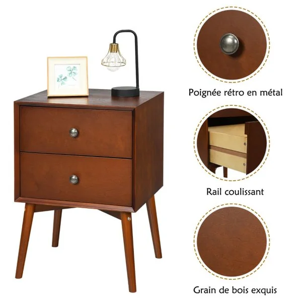 Table de Chevet avec 2 Tiroirs 45 x 37 x 67 cm (L x l x H) - Pieds en Bois de Caoutchouc pour Chambre Brun