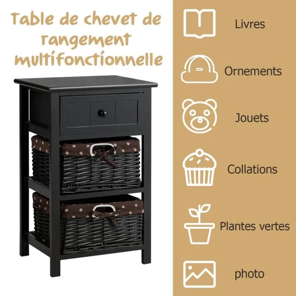 Table de Chevet avec 3 Tiroir Structure en Bois de Paulownia Style Vintage Rustique Campagnard 40 x 30 x 63,5 CM Noir