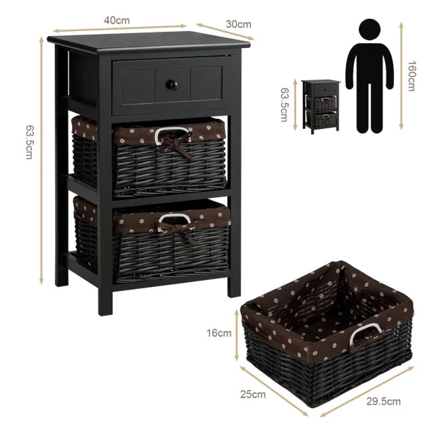 Table de Chevet avec 3 Tiroir Structure en Bois de Paulownia Style Vintage Rustique Campagnard 40 x 30 x 63,5 CM Noir