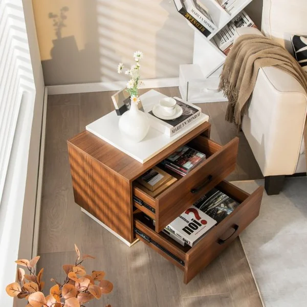 Table de Chevet avec Deux Tiroirs 55 x 40 x 45 cm Table de Nuit Design Bicolore Espace de Rangement Blanc + Noyer