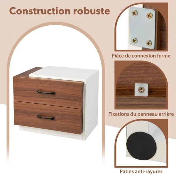 Table de Chevet avec Deux Tiroirs 55 x 40 x 45 cm Table de Nuit Design Bicolore Espace de Rangement Blanc + Noyer