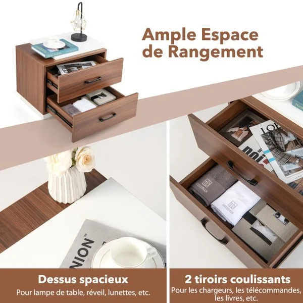 Table de Chevet avec Deux Tiroirs 55 x 40 x 45 cm Table de Nuit Design Bicolore Espace de Rangement Blanc + Noyer
