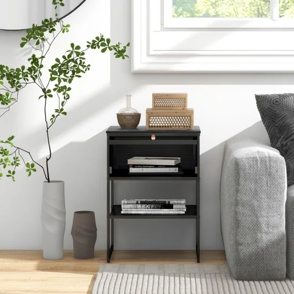 Table de Chevet avec Porte Rabattable Table D'appoint à 3 Niveaux avec Étagère de Rangement Table D'appoint Moderne Table de Nuit Compacte Blanc/Noir