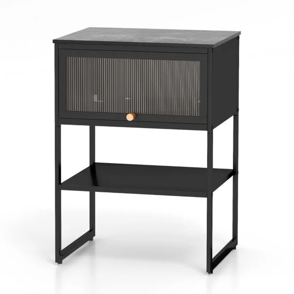 Table de Chevet avec Porte Rabattable Table D'appoint à 3 Niveaux avec Étagère de Rangement Table D'appoint Moderne Table de Nuit Compacte Blanc/Noir