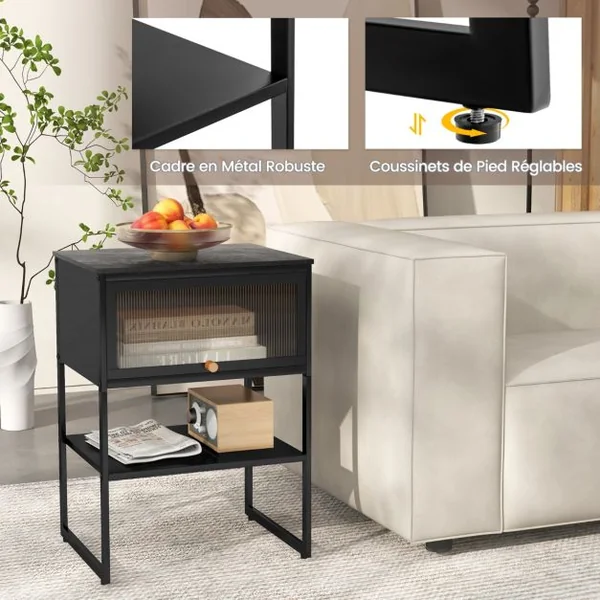Table de Chevet avec Porte Rabattable Table D'appoint à 3 Niveaux avec Étagère de Rangement Table D'appoint Moderne Table de Nuit Compacte Blanc/Noir