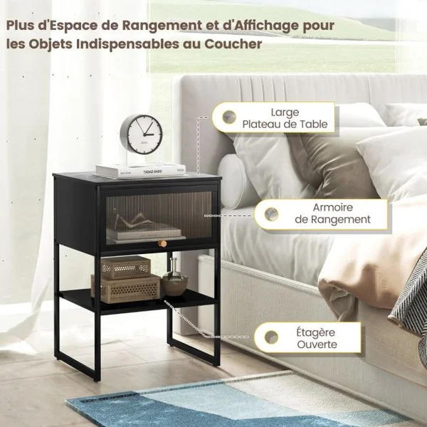 Table de Chevet avec Porte Rabattable Table D'appoint à 3 Niveaux avec Étagère de Rangement Table D'appoint Moderne Table de Nuit Compacte Blanc/Noir
