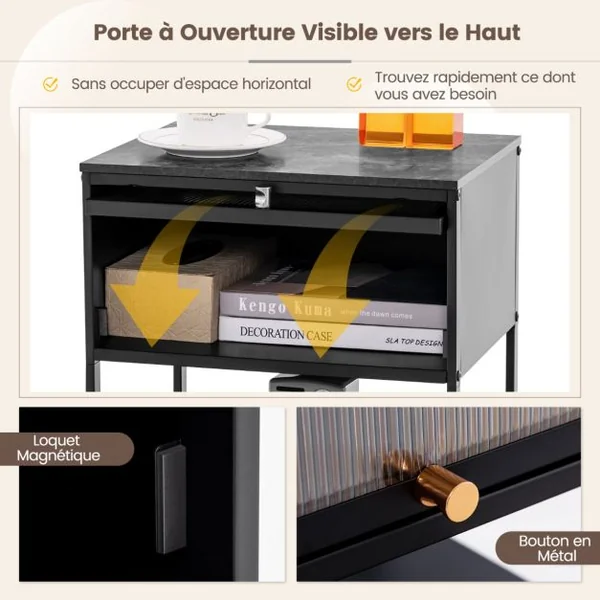 Table de Chevet avec Porte Rabattable Table D'appoint à 3 Niveaux avec Étagère de Rangement Table D'appoint Moderne Table de Nuit Compacte Blanc/Noir