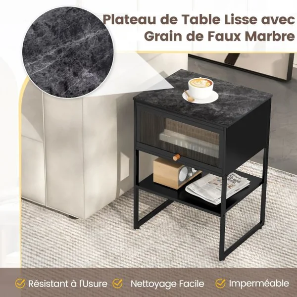 Table de Chevet avec Porte Rabattable Table D'appoint à 3 Niveaux avec Étagère de Rangement Table D'appoint Moderne Table de Nuit Compacte Blanc/Noir