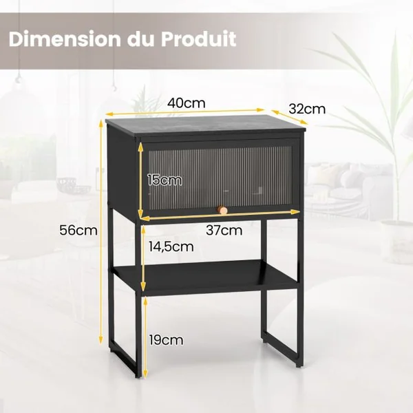 Table de Chevet avec Porte Rabattable Table D'appoint à 3 Niveaux avec Étagère de Rangement Table D'appoint Moderne Table de Nuit Compacte Blanc/Noir