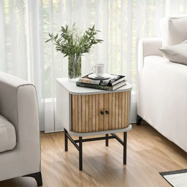 Table de Chevet avec Portes Coulissantes Moderne Du Milieu Du Siècle avec Armoire de Rangement Pieds en Métal Table D'appoint Compacte Blanc/Noir