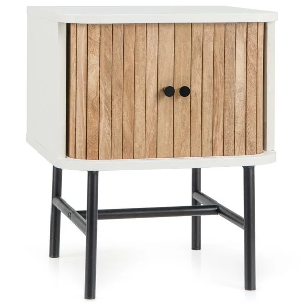 Table de Chevet avec Portes Coulissantes Moderne Du Milieu Du Siècle avec Armoire de Rangement Pieds en Métal Table D'appoint Compacte Blanc/Noir